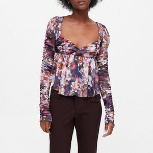Urban Outfitters Floral Ruffle Ruched Mesh Long Sleeve Babydoll Top